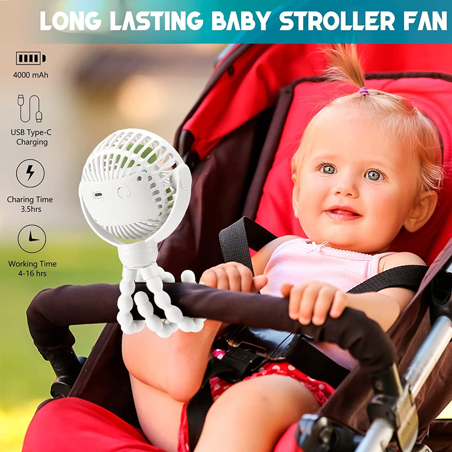 Upgraded Portable Baby Stroller Fan, 360°Rotate Rechargeable Mini Clip on Fan with Flexible Tripod for Stroller Treadmill Crib Car Seat Travel, 4000Mah Battery Powered Handheld (White)