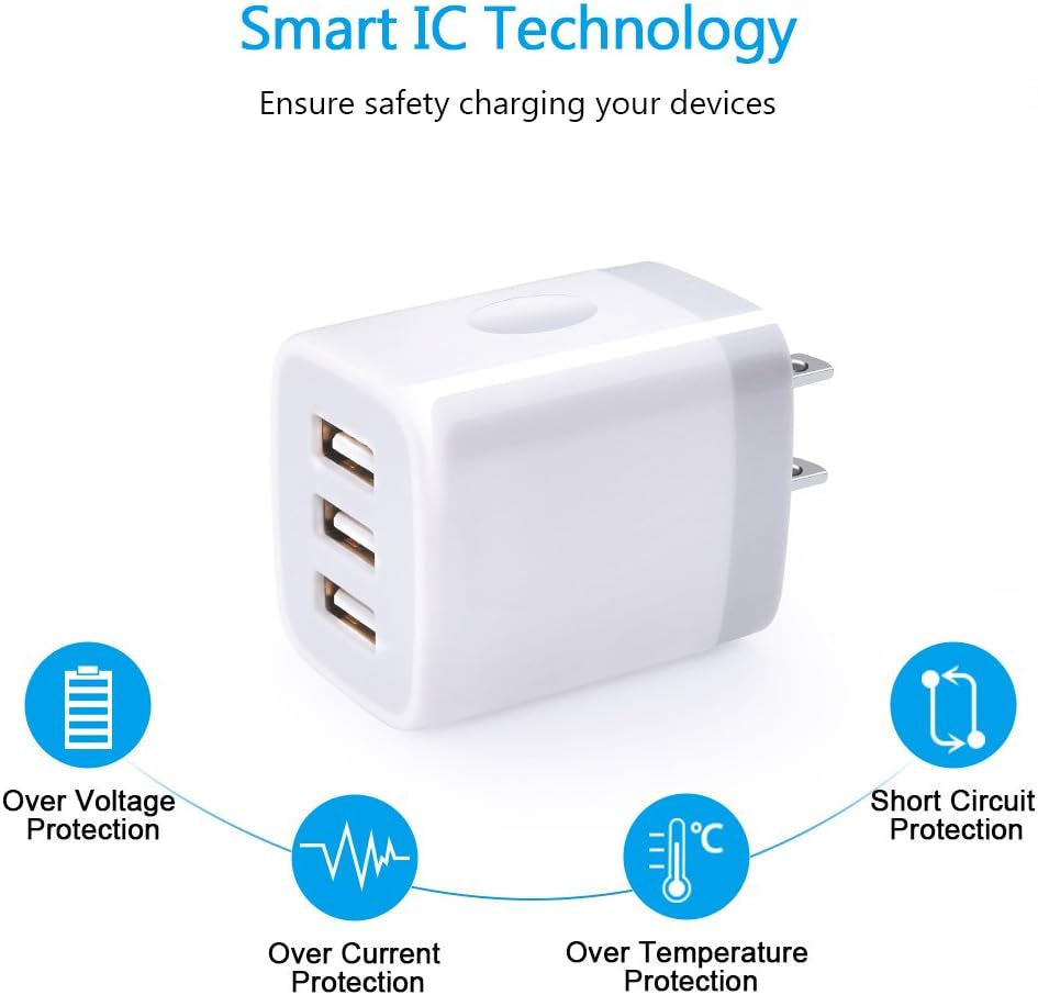 USB Wall Charger,  2Pack Wall Plug 3-Port USB Charging Station 3.1A Power Adapter Multi Port Quick Charger Block Cube for Iphone 17 16 15 14 13 12 11 Pro XS MAX 8 Ipad Samsung Galaxy S25 S24 S23
