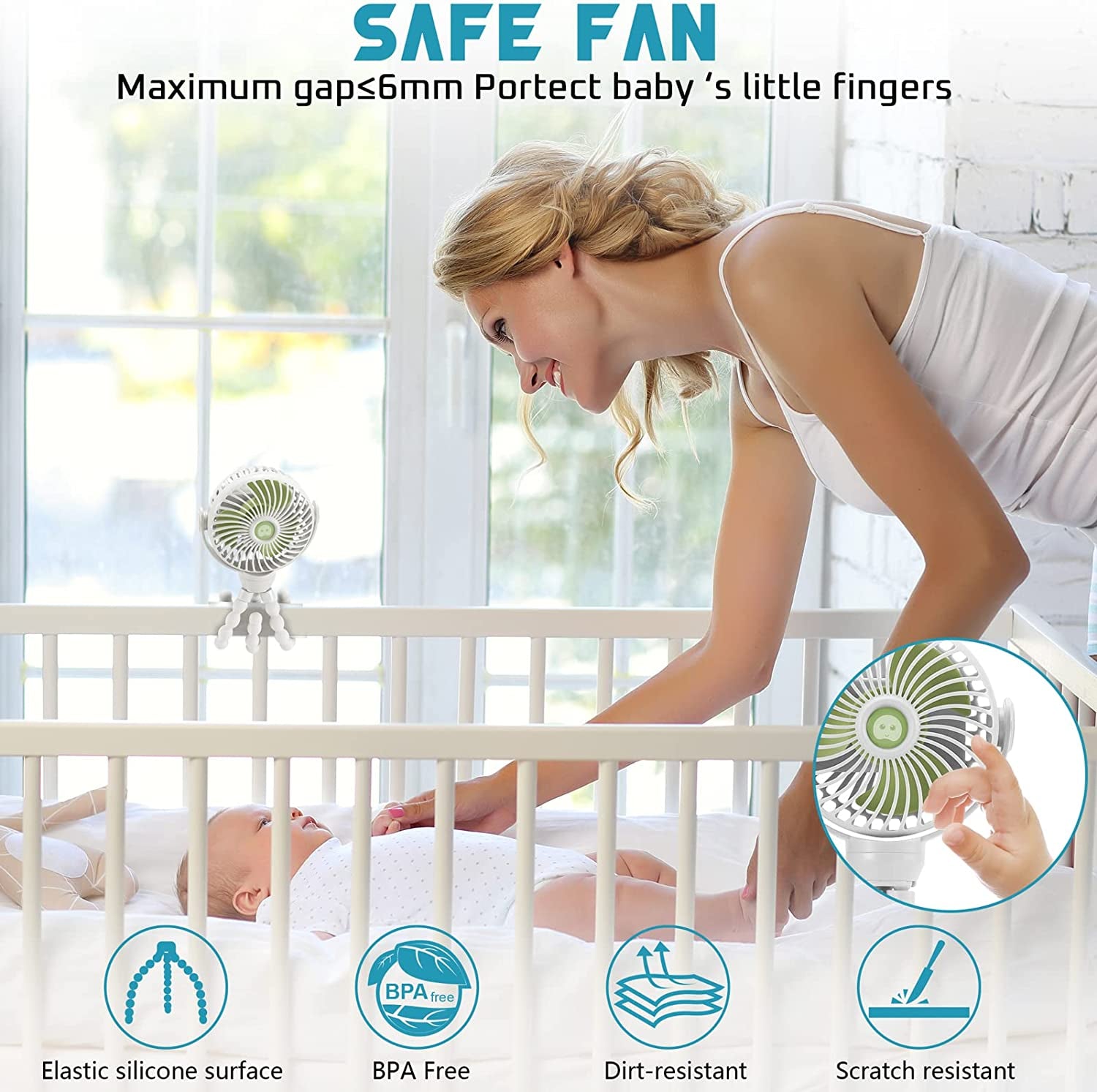 Upgraded Portable Baby Stroller Fan, 360°Rotate Rechargeable Mini Clip on Fan with Flexible Tripod for Stroller Treadmill Crib Car Seat Travel, 4000Mah Battery Powered Handheld (White)