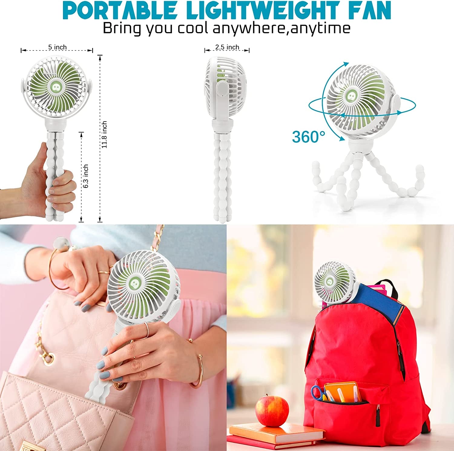 Upgraded Portable Baby Stroller Fan, 360°Rotate Rechargeable Mini Clip on Fan with Flexible Tripod for Stroller Treadmill Crib Car Seat Travel, 4000Mah Battery Powered Handheld (White)