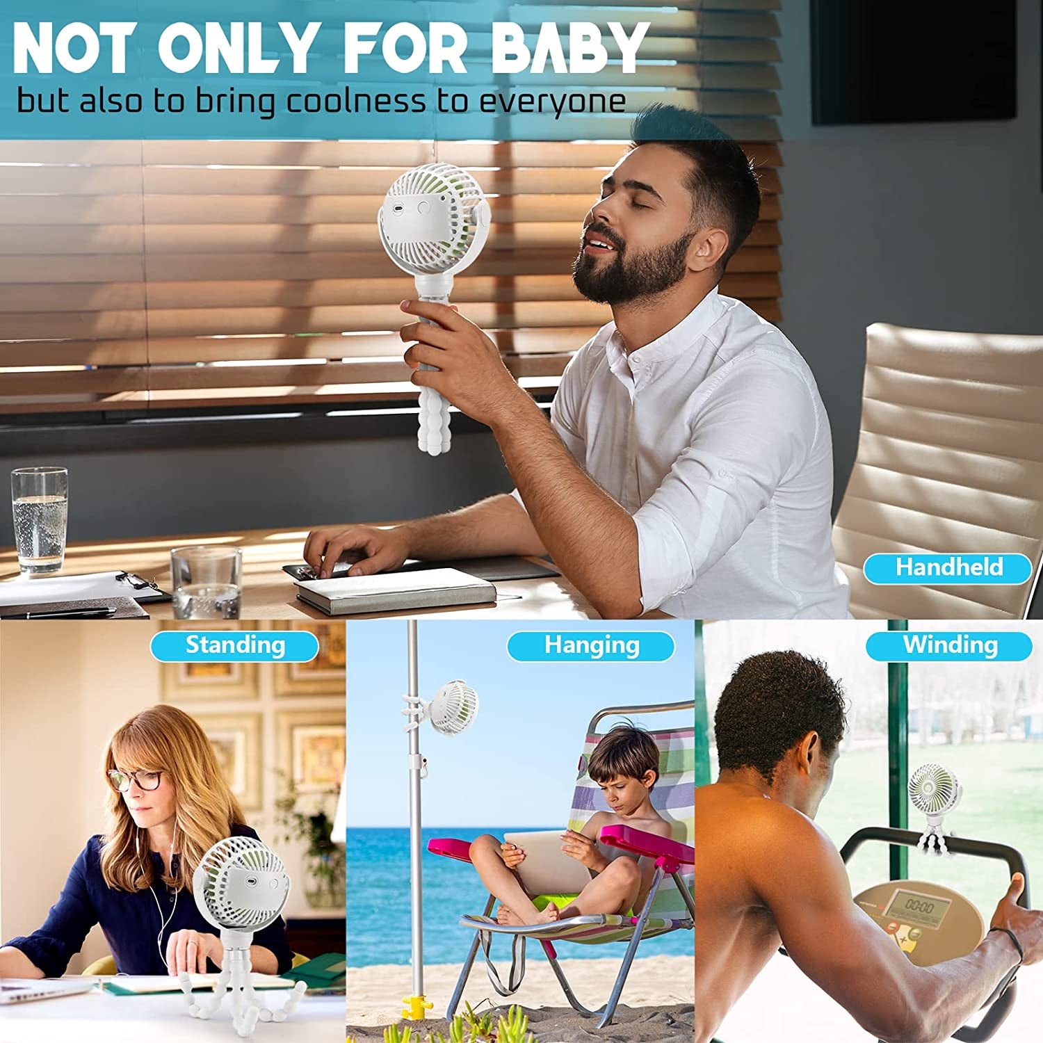 Upgraded Portable Baby Stroller Fan, 360°Rotate Rechargeable Mini Clip on Fan with Flexible Tripod for Stroller Treadmill Crib Car Seat Travel, 4000Mah Battery Powered Handheld (White)